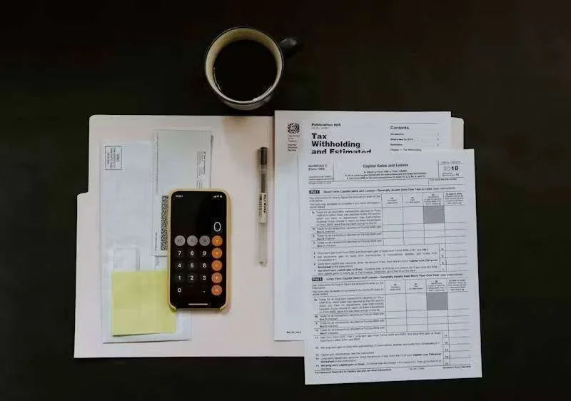 Formulários de imposto de renda, calculadora em smartphone, caneta, xícara de café e envelopes